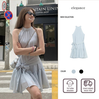 [SẴN] Váy nữ cổ yếm không tay dáng ngắn thiết kế cổ nơ buộc eo sang chảnh và thanh lịch