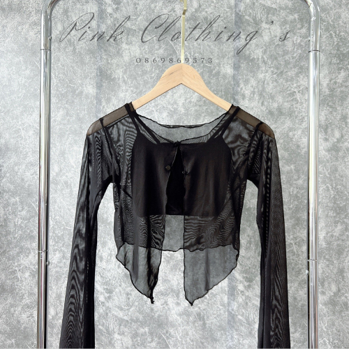 Set áo khoác lưới tay dài kèm áo thun 2 dây croptop nữ, màu đen 100378