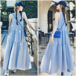 Đầm váy freesize maxi đi biển dạo phố cổ tròn sọc xanh 3 tầng