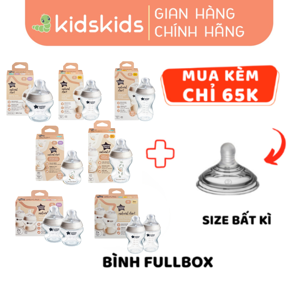 Bình Sữa PP Ty Siêu Mềm Tự Nhiên Tommee Tippee 150ml, 260ml, 340ml, Set Đôi, Nhiều Size, Được Mua Kèm Thêm 01 Núm Ty