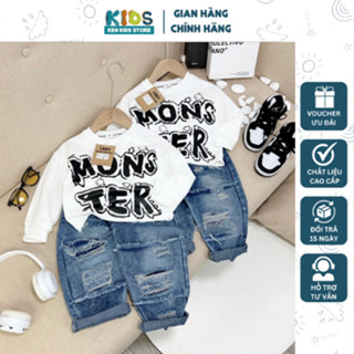 Set bộ đồ bé trai áo thun cotton dài tay và quần jean rách dáng bụi Hàn Quốc 2-8 tuổi (9-24kg) MONTER | KEN KIDS