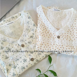 Đồ bộ nữ mặc nhà Pyjama Muslin cổ tim phối Ren ngắn dài Labeony