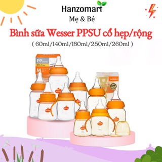 Bình sữa Wesser, Bình sữa cổ hẹp cổ rộng cho bé sơ sinh trẻ em nhựa PP/PPSU 60ml - 140ml - 250ml