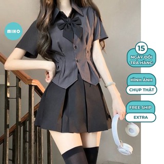 Set áo sơ mi chân váy xếp ly, set chân váy nữ áo somi cộc tay kiểu chiết eo tiểu thư tặng kèm nơ miho house