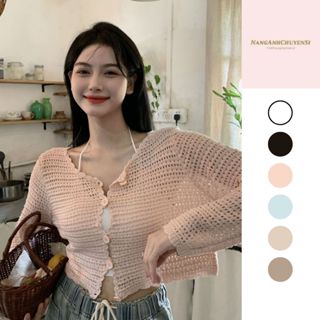 Áo Khoác Mỏng Nữ, Áo Len Dệt Kim Lỗ Thoáng Nhiều Màu Dáng Croptop Dài Tay Cổ V Cài Khuy Phong Cách Thời Trang Nữ Nanganh