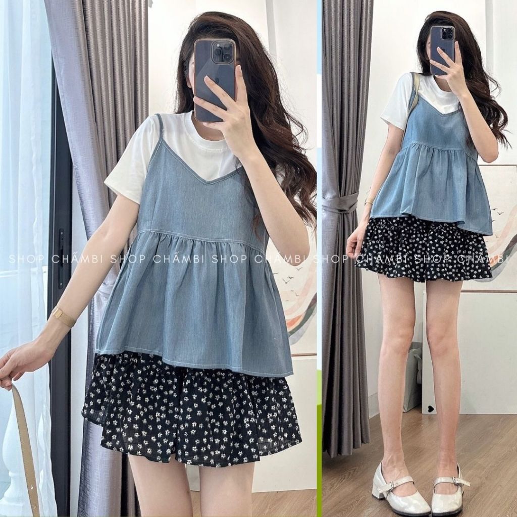 Áo yếm denim A.605, Áo yếm dáng babydoll kèm áo thun trắng basic phong cách ulzzang  - Shop Chấm Bi