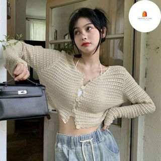 Áo Khoác Mỏng Nữ ,Áo Cadigan Dệt Kim Mỏng Lỗ Thoáng Khí Viền Bèo Dáng Croptop Khoác Ngoài Mùa Hè Phong Cách  QcccShopcam