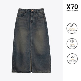 Chân váy denim jeans nữ midi dáng dài xẻ tà trước màu xám thời trang x70 - 04840003