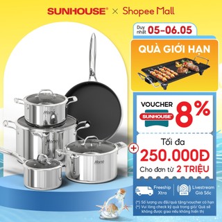 Bộ nồi chảo inox 304 đa lớp Sunhouse Mama SHG700 - 3 nồi, 1 chảo và 1 quánh - Đáy từ dùng cho mọi loại bếp