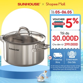 Nồi Inox 304 đáy liền Sunhouse SHG706 -18/20/24/26 - Dùng cho mọi loại bếp - Kết cấu đa lớp - Dùng được máy rửa bát