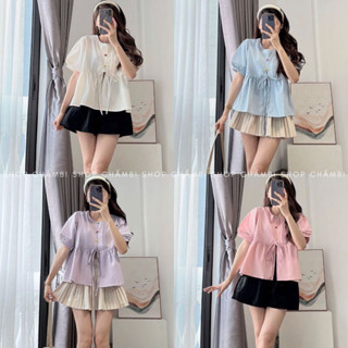 Áo sơ mi nữ A.606, Áo sơ mi babydoll tay ngắn cổ tròn thắt nơ phối cúc hoa nhiều màu phong cách dễ thương - Shop Chấm Bi