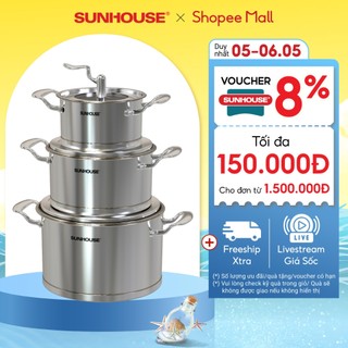 Bộ nồi inox 5 đáy SUNHOUSE SHG2503MSA - Đường kính 16cm - 20cm - 24cm - Dùng mọi loại bếp - Hàng Chính Hãng