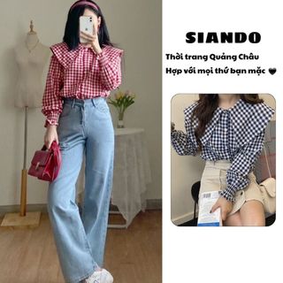 Áo sơ mi nữ kiểu bèo tay nhún kẻ caro form rộng đẹp hàng Quảng Châu SIANDO SM03