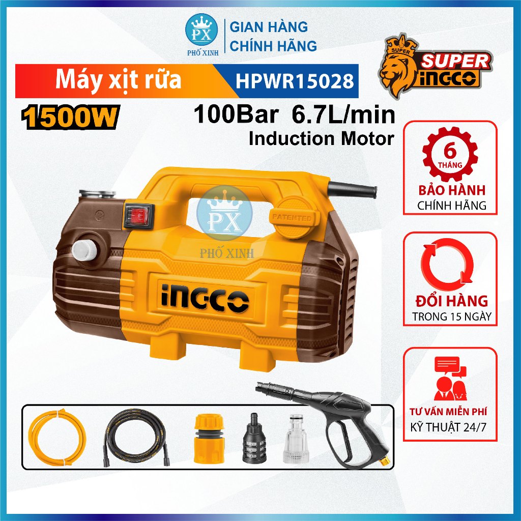 Máy xịt rửa xe INGCO HPWR15028 1500W dây đồng, motor từ không chổi than, kèm dây xịt 8m