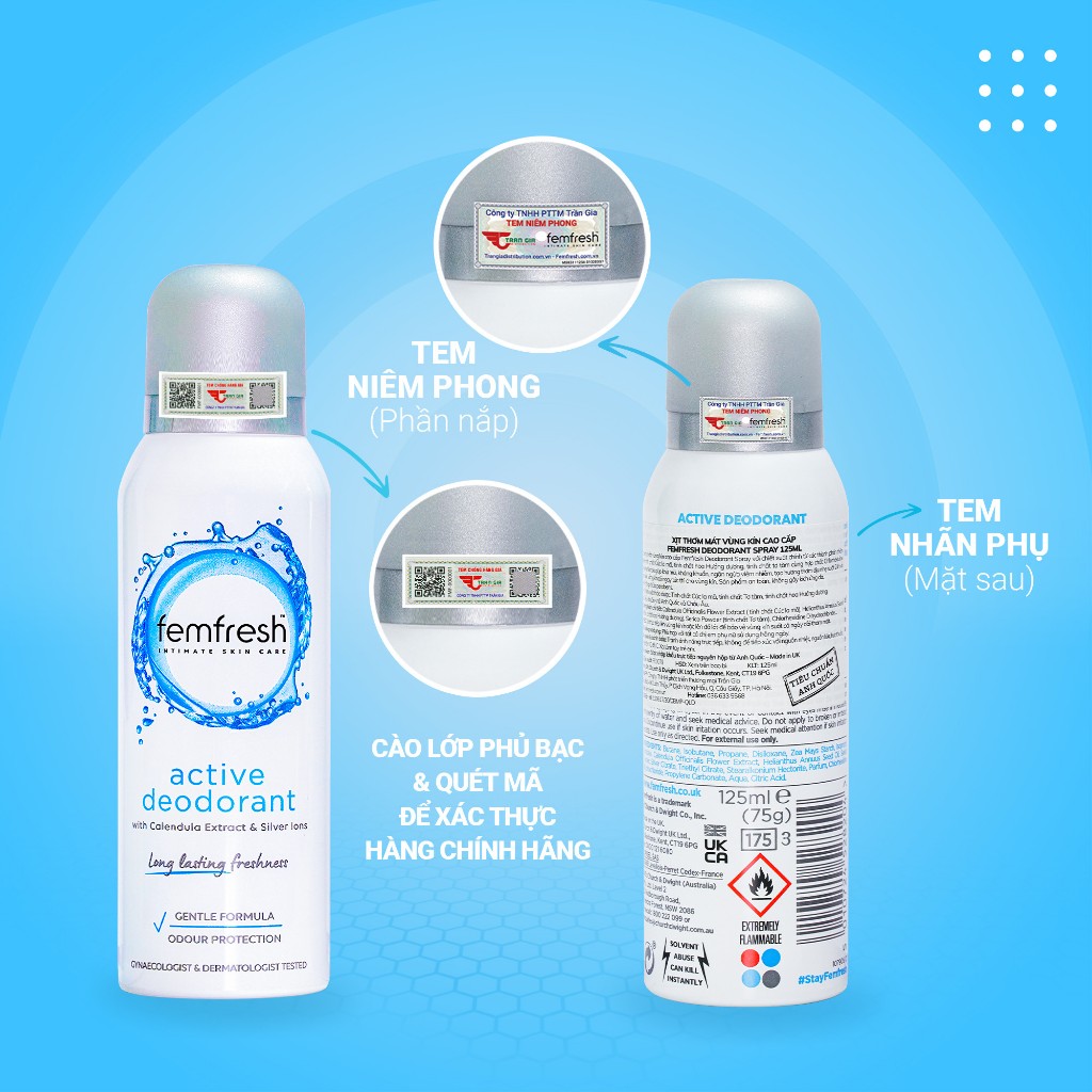 Xịt Thơm Mát FemFresh, Khử Mùi Vùng Kín Chưa Ion Bạc Lưu Hương Suốt 12h Femfresh Deodorant Active 125ml