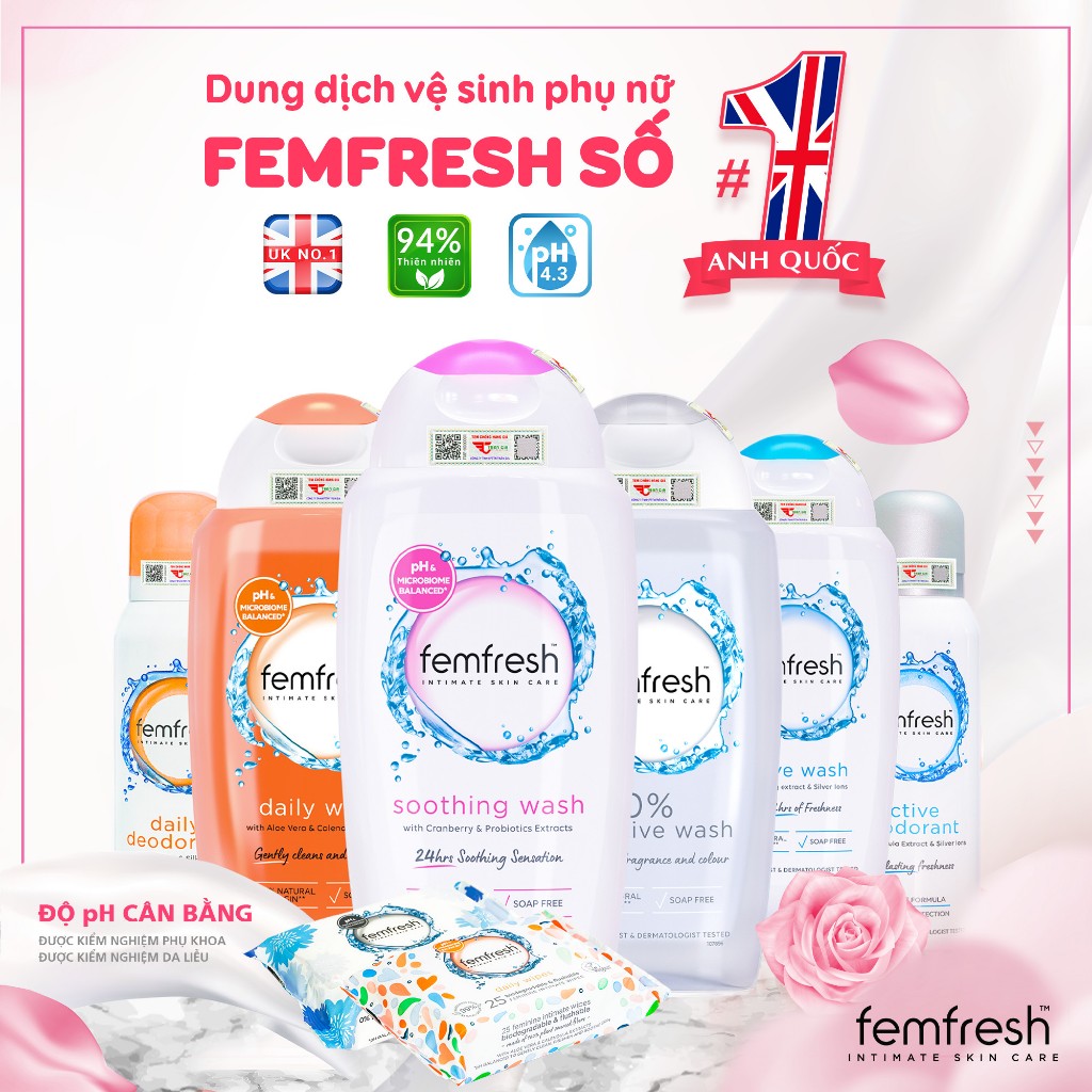 Xịt Thơm Mát FemFresh, Khử Mùi Vùng Kín Chưa Ion Bạc Lưu Hương Suốt 12h Femfresh Deodorant Active 125ml