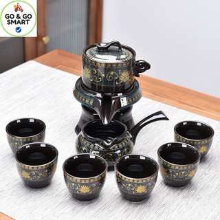 Bộ Ấm Chén Pha Trà Cối Xay  Xanh Đen Vàng (bao gồm 1 ấm trà, 6 chén trà và 1 bộ cối xay) kèm túi hộp quà tặng