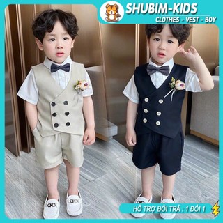 [Shubim Kids] -VT07- Vest Gile Công Tử Cao Cấp 5 Chi Tiết Cộc Tay Cho Bé Trai + Nơ Và Hoa