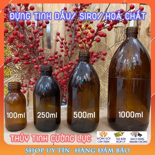 Set 2 Chai lọ thủy tinh 100ml/250ml/500ml/1000ml nâu hổ phách amber cường lực, bảo quản tinh dầu, chai siro, hoá chất