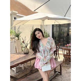 Áo voan cổ V bèo hoa
