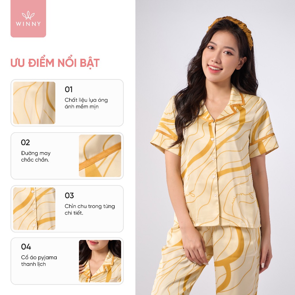 Bộ Mặc Nhà Nữ WINNY Đồ Ngủ Kiểu Pijama Cộc Tay Quần Dài Chất Lụa Satin Mềm Mại 1MNSA23116D