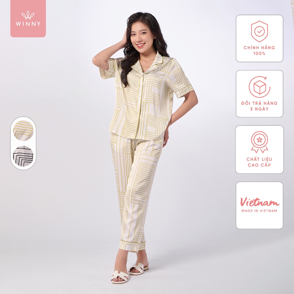  Bộ Mặc Nhà Nữ WINNY Kiểu Pijama Tay Cộc Quần Dài Chất Lụa Satin 1MNSA23117D 