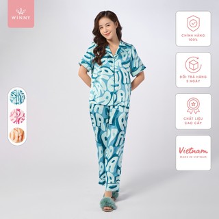  Bộ Mặc Nhà Nữ WINNY Đồ Ngủ Kiểu Pijama Tay Cộc Quần Dài Chất Lụa Satin Thoáng Mát 1MNSA23118D 