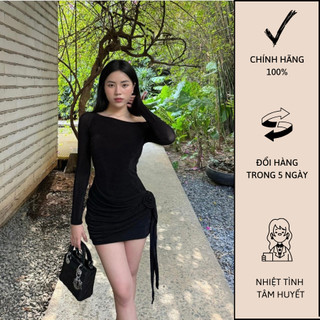Đầm body lệch vai tay dài đắp tà đính hoa - m0878