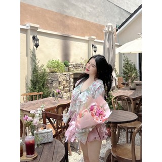 Áo voan cổ V bèo hoa