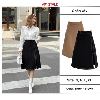 Chân váy dài VMSTYLE cạp cao xẻ trước viền chỉ thanh lịch, nhẹ nhàng thời trang công sở CVD00001
