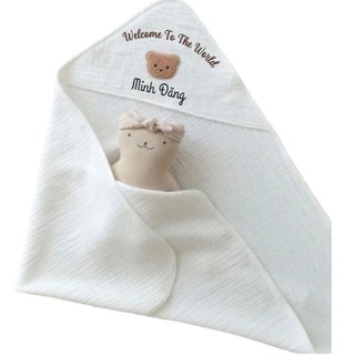 khăn ủ choàng xô muslin mềm mại  thêu tên cho bé