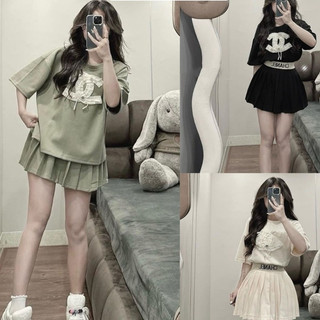 Set bộ đồ nữ áo phông logo cha.neo voan nổi mix chân váy xếp ly set cha.nel mix chân váy ly siêu hot mặc siêu xinh xắn