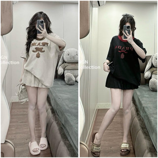 Set prá.da áo phông thêu viền cổ mix chân váy xếp ly set váy prdaa chữ thêu mĩ chân váy xếp ly