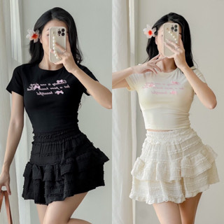 ( Chuẩn Hàng Đẹp ) Set Áo Baby Tee Croptop Đính Nơ Mix Chân Váy Xoè Tầng Dáng Ngắn Màu Kem Đen Mùa Hè