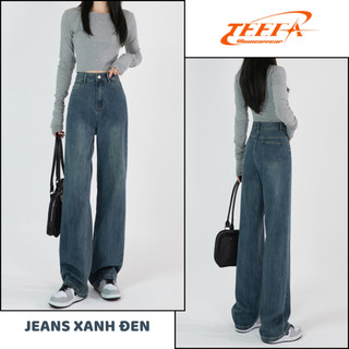 Quần jean nữ ống suông rộng cạp cao, Quần ống rộng nữ, quần bò jeans nữ xanh đen ống rộng