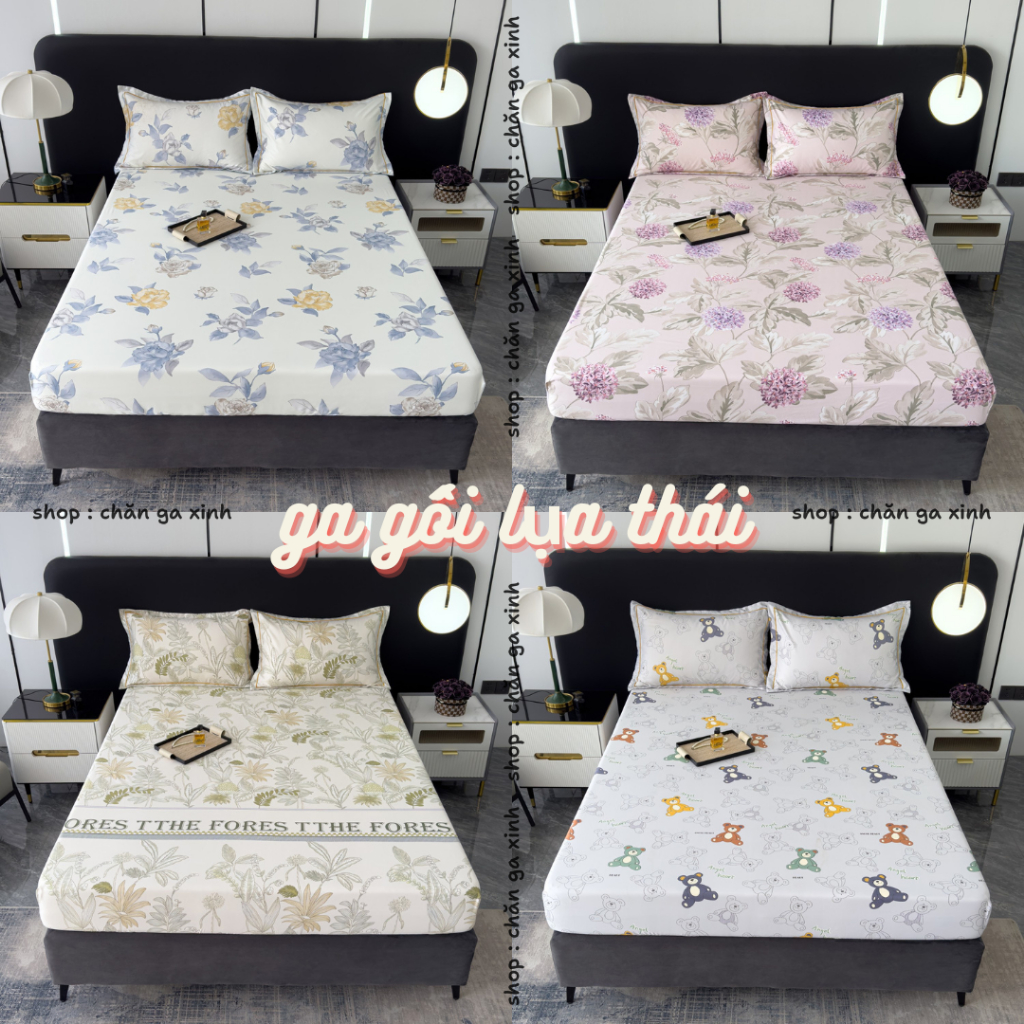 Bộ ga gối lụa thái mềm mịn thoáng mát drap và 2 vỏ gối phi lụa thái cao cấp