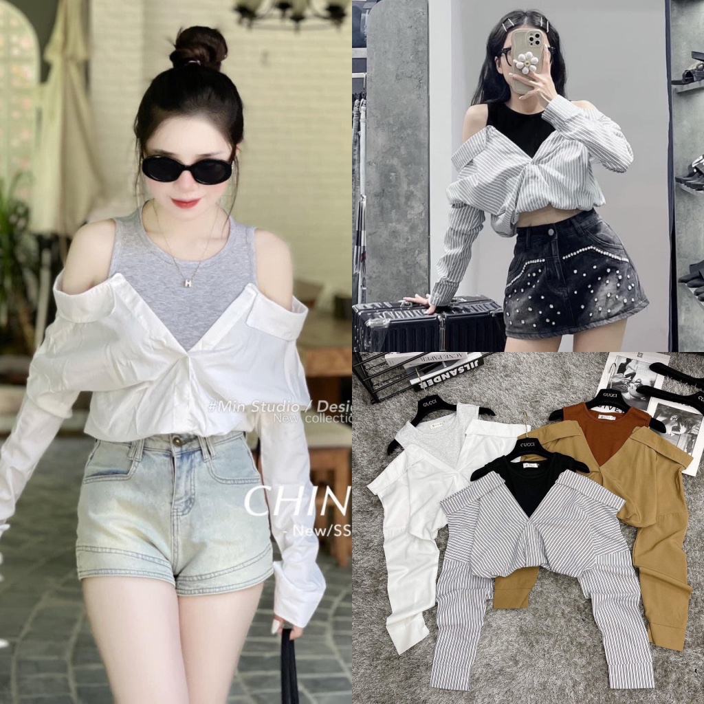 ÁO SƠ MI TRỄ VAI PHỐI BA LỖ