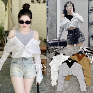 Áo sơ mi trễ vai phối ba lỗ