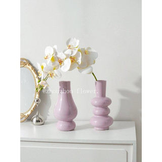 Bình Hoa Gốm Sứ Màu Tím Pastel Phong Cách Nghệ Thuật, Lọ Cắm Hoa Thắt Eo Phong Cách Bắc Âu