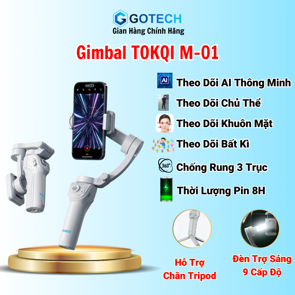Gimbal Chống Rung Điện Thoại TOKQI M01, Tay Cầm Gymbal Chống Rung 3 Trục AI Theo Dõi Thông Minh Pin 