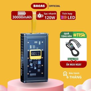 Sạc dự phòng 30000mAh Siêu nhanh PD20W và 120W sạc nạp dùng 5 đầu ra 3 đầu vào có đèn LED hiển thị phần trăm PIN | Bacas