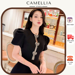KRISTEN DRESS váy tay bồng dáng xẻ đính nơ thanh lịch sang trọng by The Camellia Studio