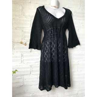 2HAND - ĐẦM LEN ĐEN MÓC CROCHET XUYÊN THẤU KIỂU TAY LOE BABYDOLL CÓ DÂY RÚT MORIGIRL HIPPIE BOHO FAIRY VINTAGE ĐI BIỂN