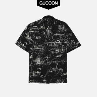 Áo Sơ Mi Nam Cuban Shirt Tay Ngắn Vải Lụa Không Nhăn, Áo Sơ Mi Đi Biển Hoạ Tiết Đen Bigsize Gucoon