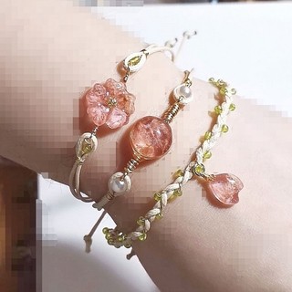 Vòng tay cotton nữ, vòng tay hoa khô màu hồng - chủ đề hoa đào handmade