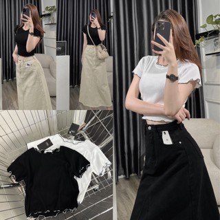ẢNH TỰ CHỤP Croptop trơn xoắn lai màu tay ngắn