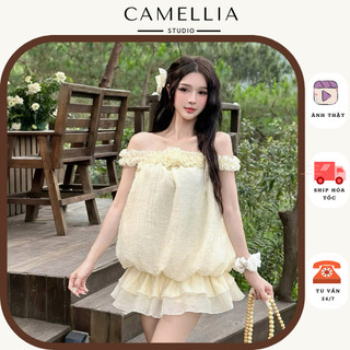 MILA DRESS váy trễ vai phối bèo đính hoa dáng xòe điệu đà by The Camellia Studio