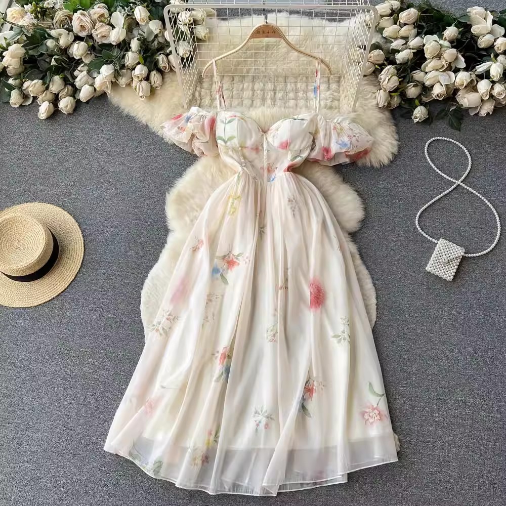 (order) Váy hoa cúp ngực trễ vai