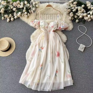 (order) Váy hoa cúp ngực trễ vai