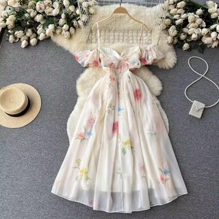(order) Váy hoa cúp ngực trễ vai